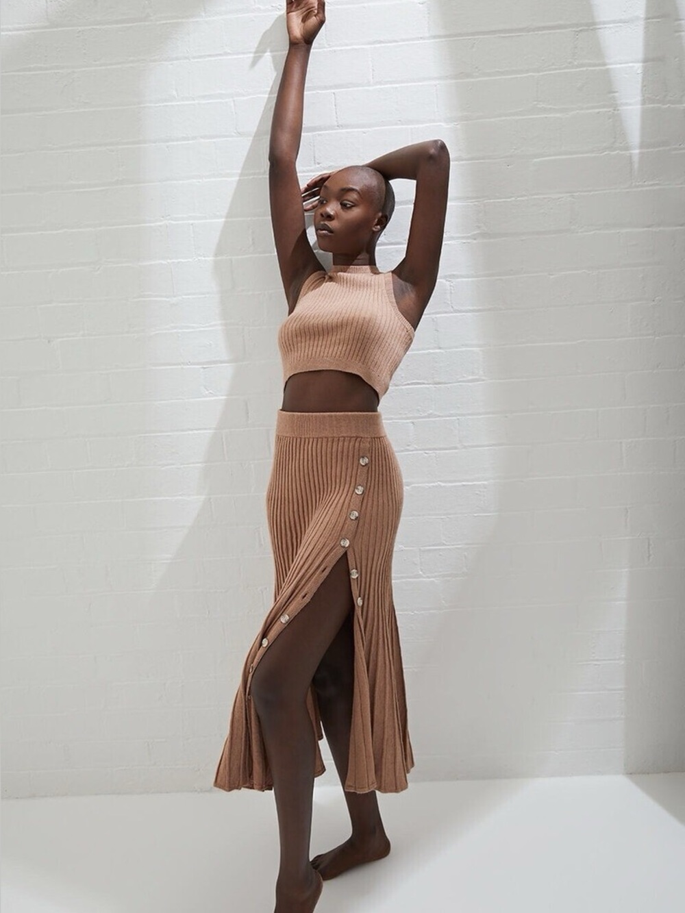 Bardot Ribbed Side-Button Knit Two Piece Set in Tan. Size Small/2
